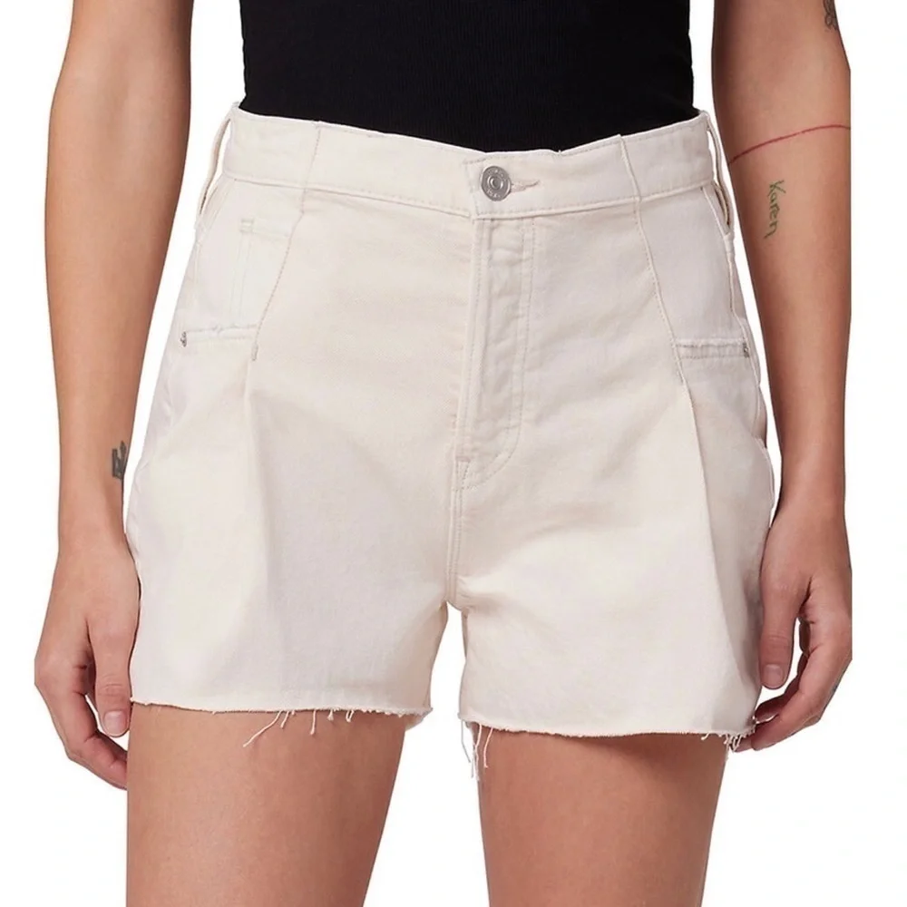HUDSON 90s Pleated‎ Beige Denim High Waist Frayed Raw Hem Cutoff Jean Shorts 28